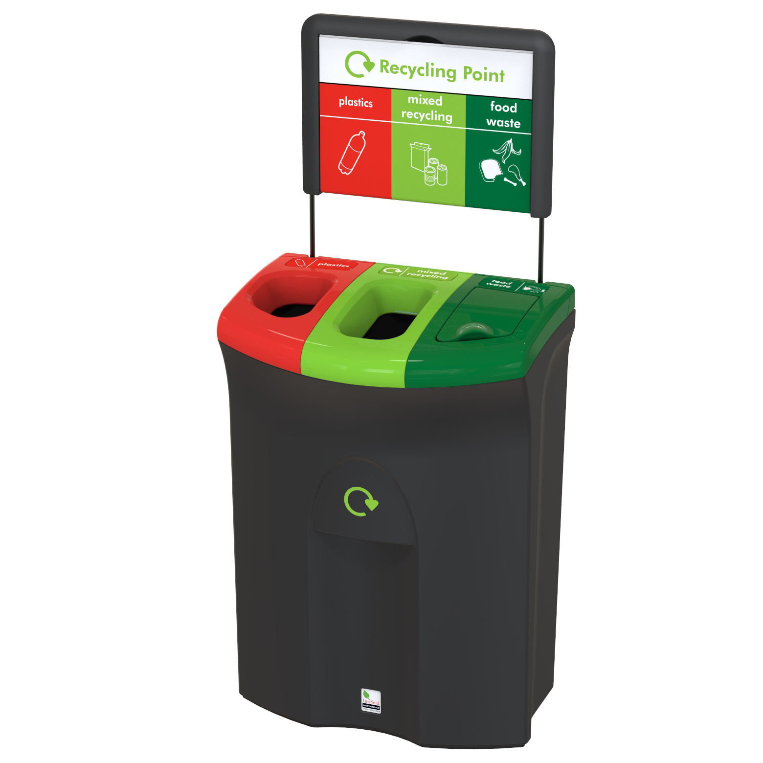 Meridian Envirobin 110, triple, with black base, red open left lid with plastics label, lime green open middle lid with mixed recycling label, rsj green right lift lid with food waste label and signage kit