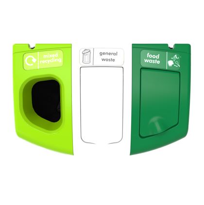 Meridian Envirobin 110, triple, with black base, lime green open left lid with mixed recycling label, white middle lift lid with general waste label, rsj green right lift lid with food waste label and signage kit